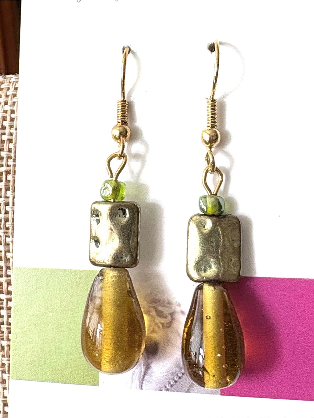 Gold-Tone Earrings with Olive Green Accent Drops, new